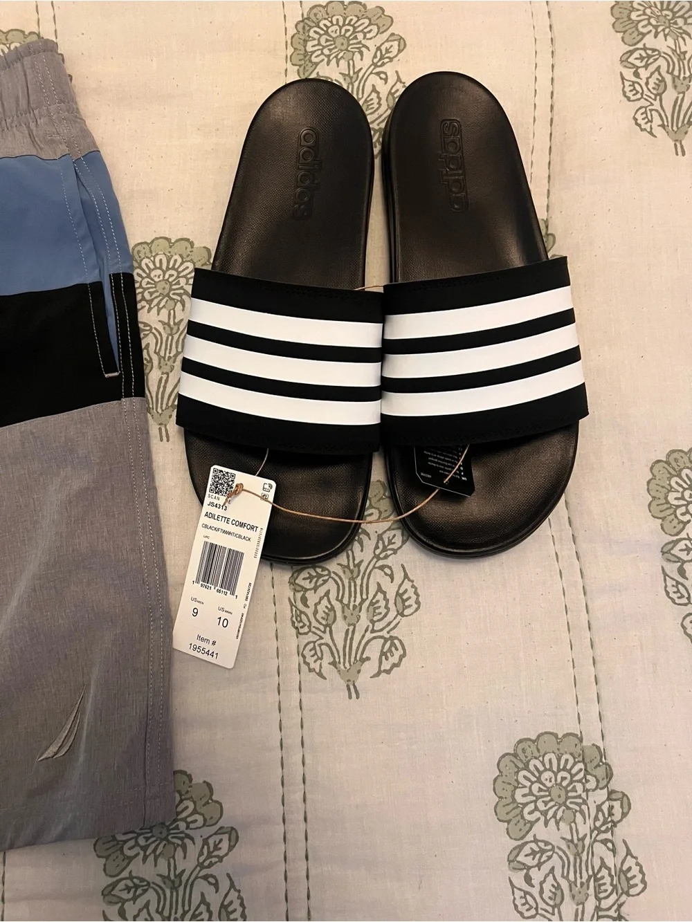 Adilette comfort slides with Nautica swim trunks